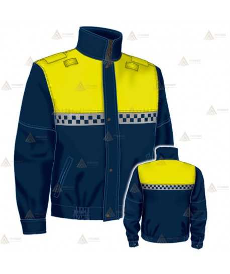 Cazadora softshell para motoristas color azul marino y amarillo flúor con damero reflectante y membrana PTFE para Policía Local