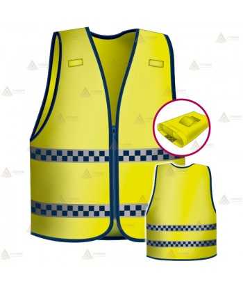 Chaleco alta visibilidad en amarillo flúor con cintas damero reflectantes para Policías Locales