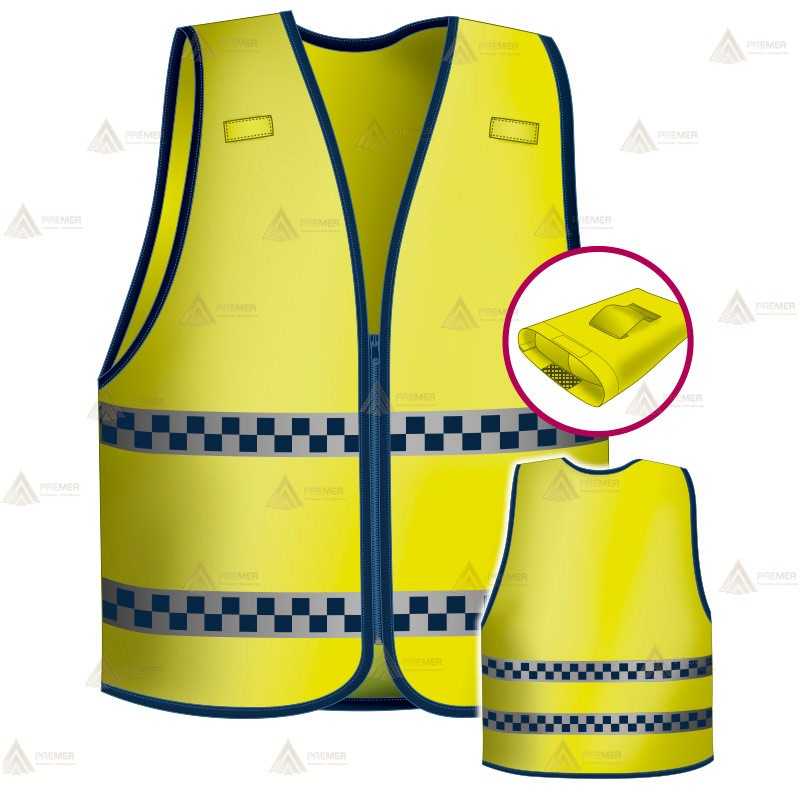 Chaleco alta visibilidad en amarillo flúor con cintas damero reflectantes para Policías Locales