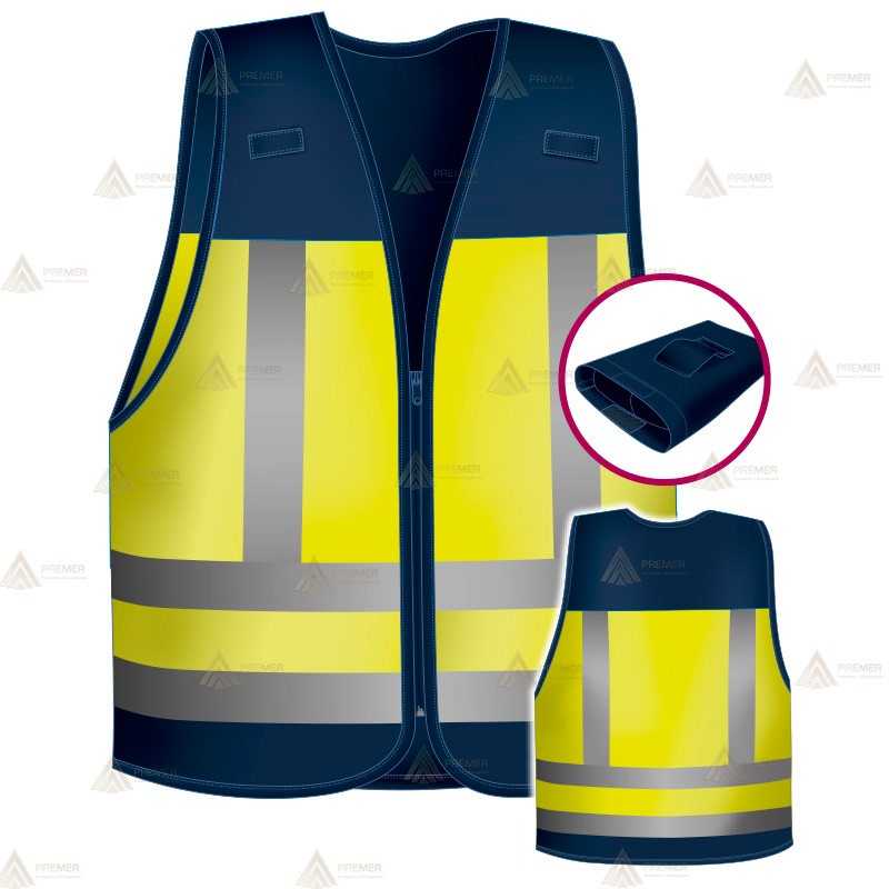 Chaleco alta visibilidad en amarillo flúor y marino con cintas reflectantes para Policías Locales