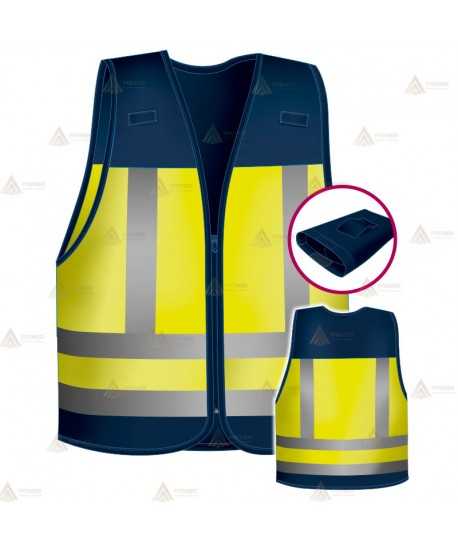 Chaleco alta visibilidad en amarillo flúor y marino con cintas reflectantes para Policías Locales