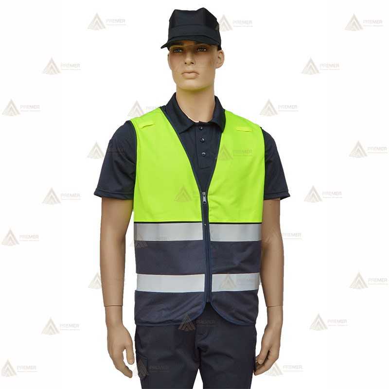 Chaleco alta visibilidad en amarillo flúor y marino con cintas reflectantes para Policías Locales