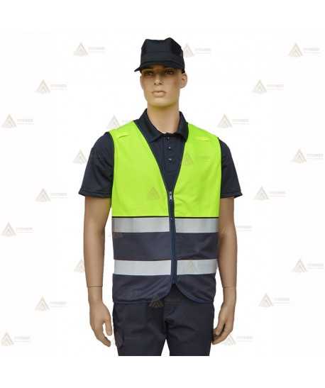 Chaleco alta visibilidad en amarillo flúor y marino con cintas reflectantes para Policías Locales