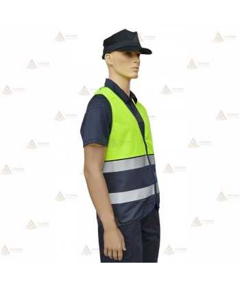Chaleco alta visibilidad en amarillo flúor y marino con cintas reflectantes para Policías Locales