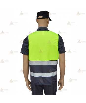 Chaleco alta visibilidad en amarillo flúor y marino con cintas reflectantes para Policías Locales