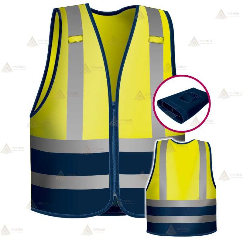 Chaleco alta visibilidad en amarillo flúor y marino con cintas reflectantes para Policías Locales