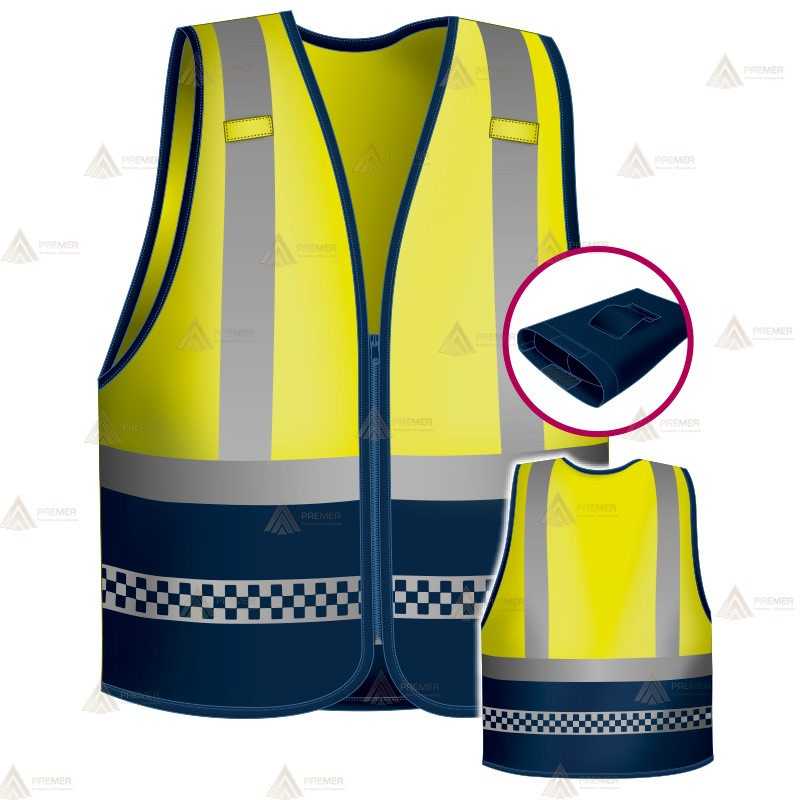 Chaleco de alta visibilidad con 2 cintas de reflectantes de color gris plata, una de ellas tipo damero para Policías Locales