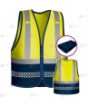 Chaleco de alta visibilidad con 2 cintas de reflectantes de color gris plata, una de ellas tipo damero para Policías Locales