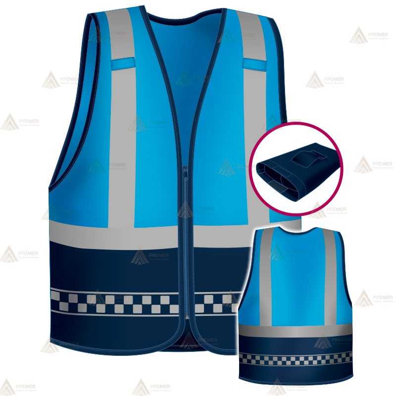 Chaleco alta visibilidad en azul tropical y marino con cintas reflectantes para Policías Locales