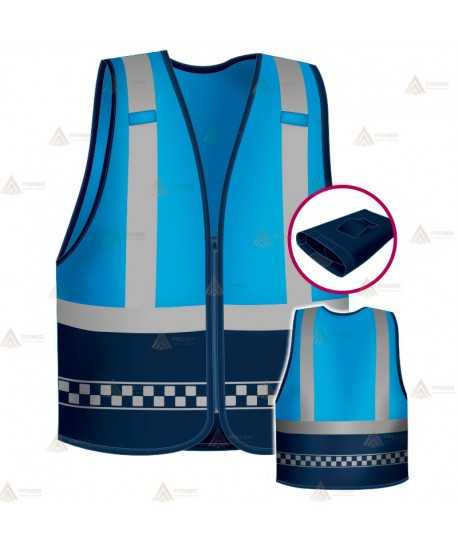 Chaleco alta visibilidad en azul tropical y marino con cintas reflectantes para Policías Locales