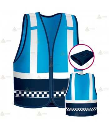 Chaleco alta visibilidad en azul tropical y marino con cintas reflectantes color blanco para Policías Locales