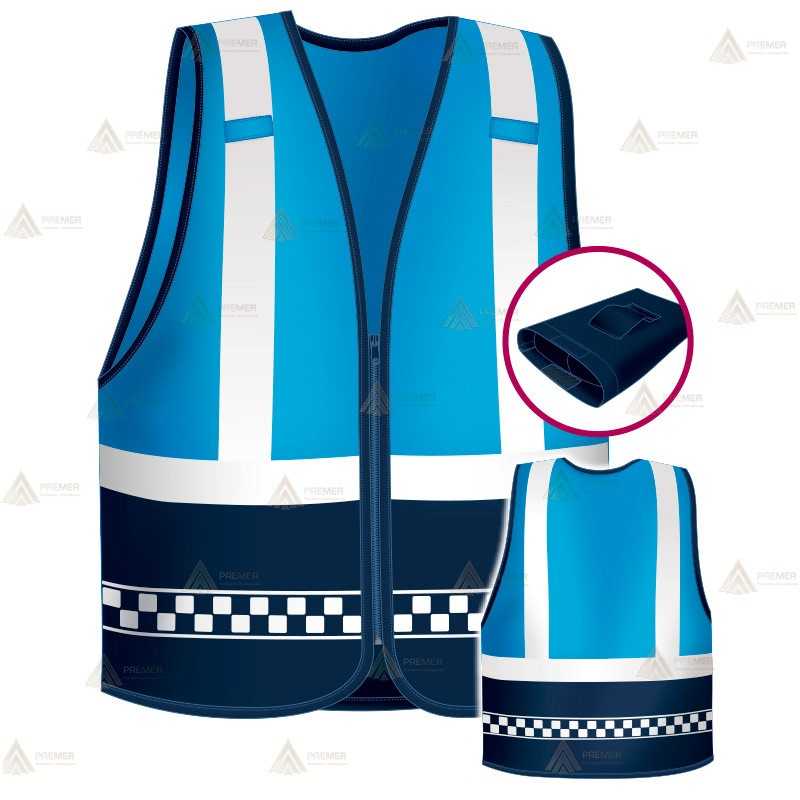 Chaleco alta visibilidad en azul tropical y marino con cintas reflectantes color blanco para Policías Locales