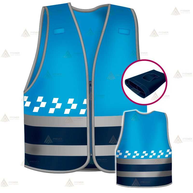 Chaleco alta visibilidad en azul tropical y marino con cintas reflectantes para Policías Locales de Castilla la Mancha