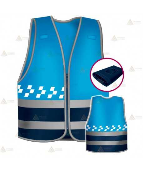 Chaleco alta visibilidad en azul tropical y marino con cintas reflectantes para Policías Locales de Castilla la Mancha