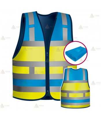 Chaleco alta visibilidad en azul tropical y amarillo flúor con cintas reflectantes para Policías Locales de Galicia