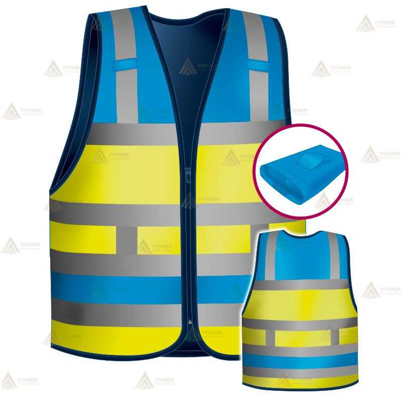 Chaleco alta visibilidad en azul tropical y amarillo flúor con cintas reflectantes para Policías Locales de Galicia