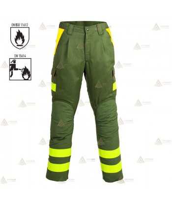 Pantalones ignífugos con refuerzos y cintas reflectantes amarillas para bomberos forestales