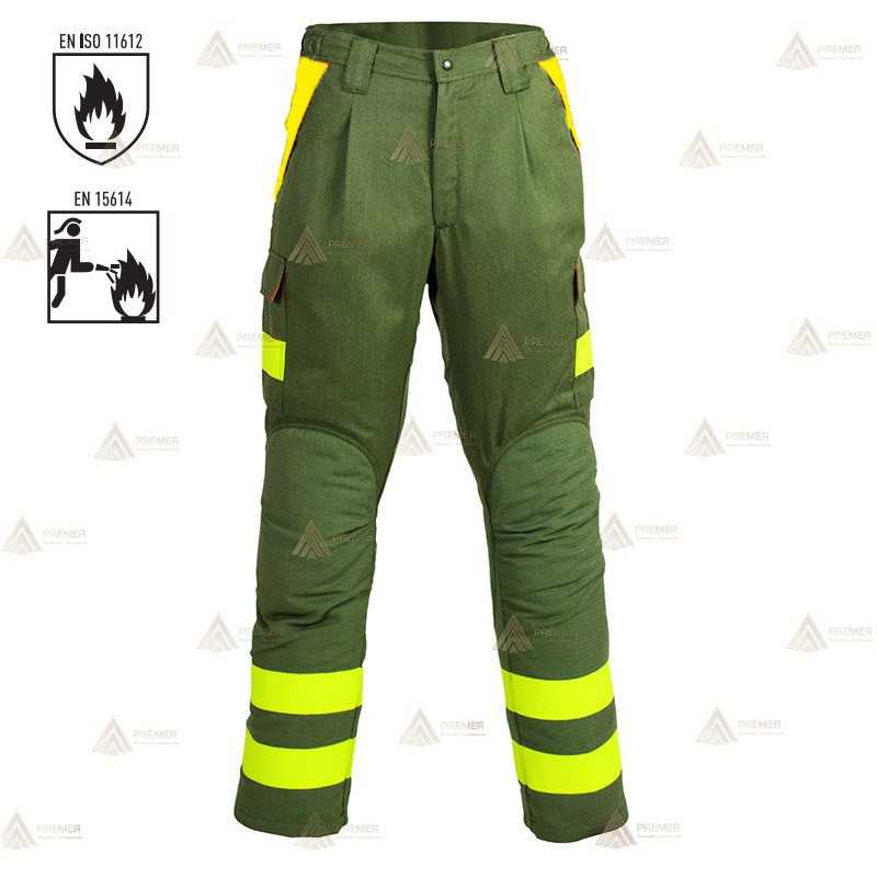 Pantalones ignífugos con refuerzos y cintas reflectantes amarillas para bomberos forestales