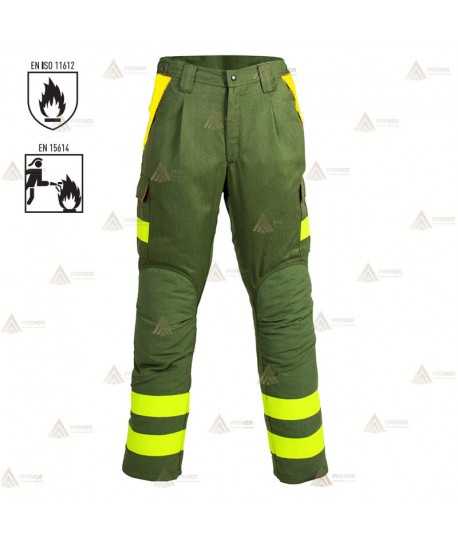 Pantalones ignífugos con refuerzos y cintas reflectantes amarillas para bomberos forestales