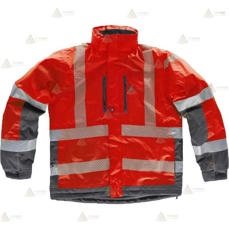 Parka con capucha en color rojo/gris con cintas segmentadas