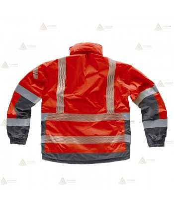 Parka con capucha en color rojo/gris con cintas segmentadas