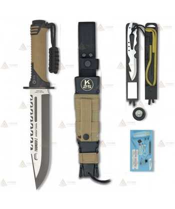 Cuchillo táctico K25 modelo THUNDER I con kit de supervivencia