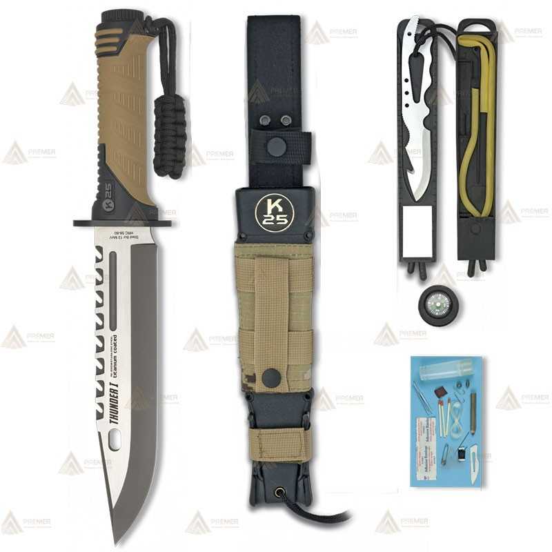 Cuchillo táctico K25 modelo THUNDER I con kit de supervivencia