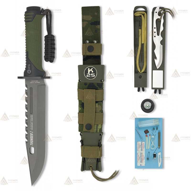 Cuchillo táctico K25 modelo THUNDER I con kit de supervivencia