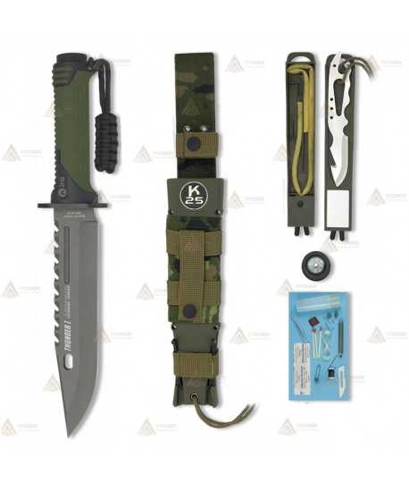 Cuchillo táctico K25 modelo THUNDER I con kit de supervivencia