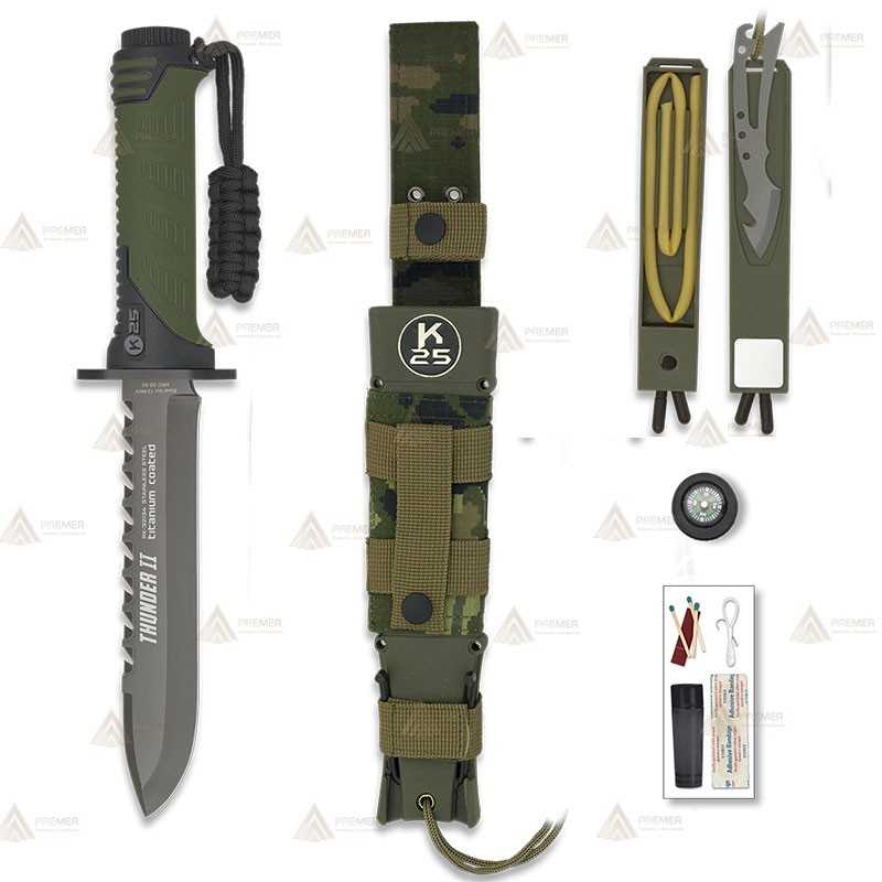 Cuchillo táctico K25 modelo THUNDER II con kit de supervivencia