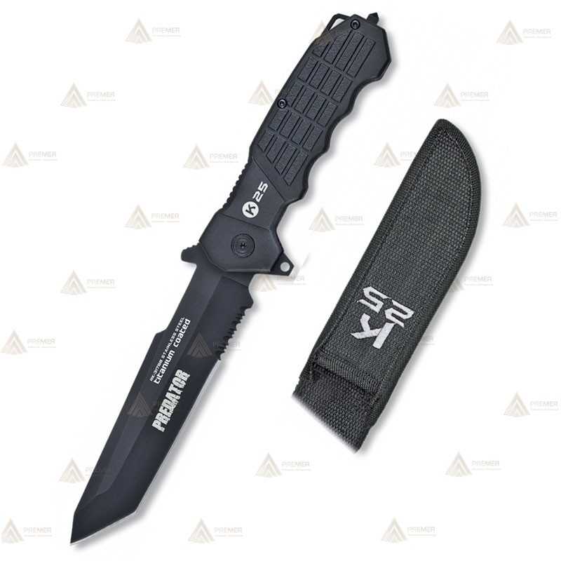Cuchillo táctico K25 Predator negro con hoja de 14 cm