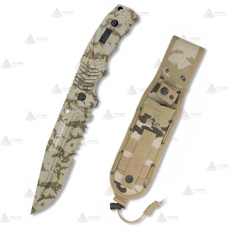 Cuchillo táctico K25 modelo SFL camo con sierra y hoja de 14 cm