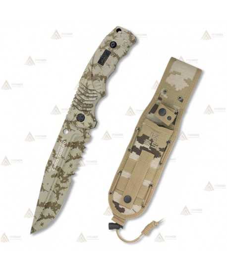 Cuchillo táctico K25 modelo SFL camo con sierra y hoja de 14 cm