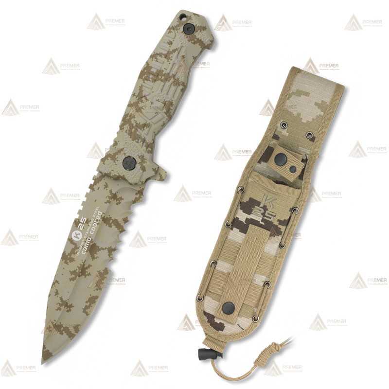 Cuchillo táctico K25 modelo SFL camo con sierra y hoja de 14 cm