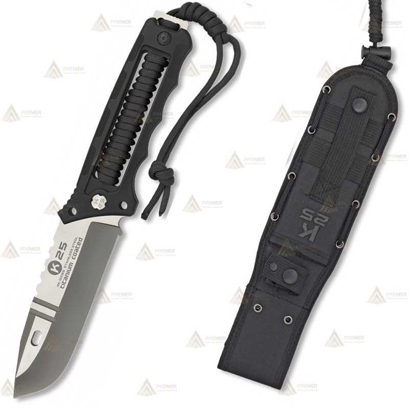 Cuchillo táctico K25 encordado negro con hoja de 11,5 cm