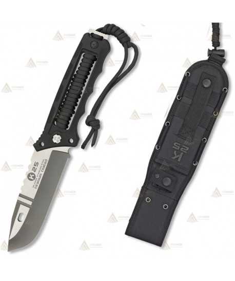 Cuchillo táctico K25 encordado negro con hoja de 11,5 cm