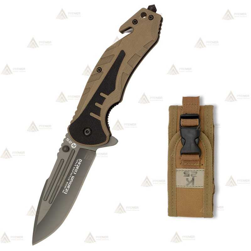 Navaja táctica K25 con mango de goma y hoja de 8,5 cm
