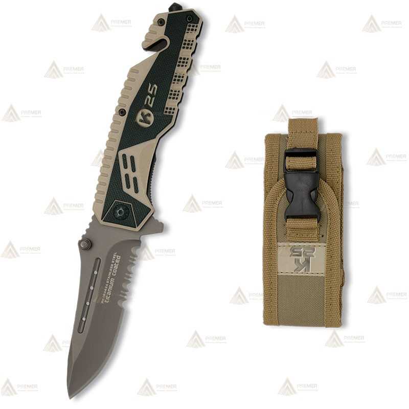 Navaja táctica K25 con mango de goma y hoja de 8,9 cm
