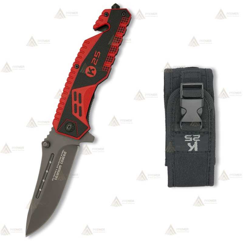 Navaja táctica K25 con mango de goma y hoja de 8,9 cm
