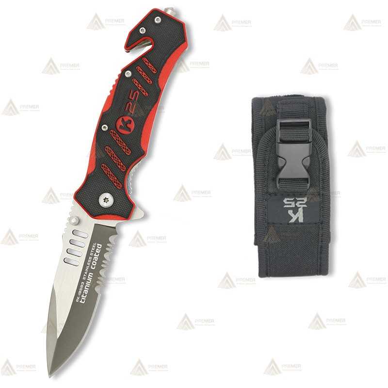 Navaja táctica K25 con mango de goma y hoja de 8,8 cm