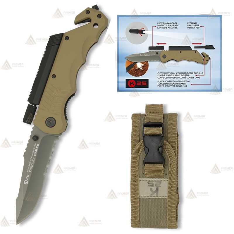 Navaja táctica K25 color Coyote con linterna y hoja de 8,8 cm