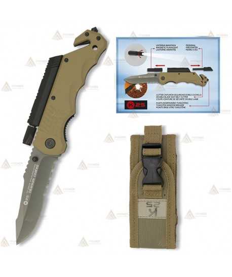 Navaja táctica K25 color Coyote con linterna y hoja de 8,8 cm