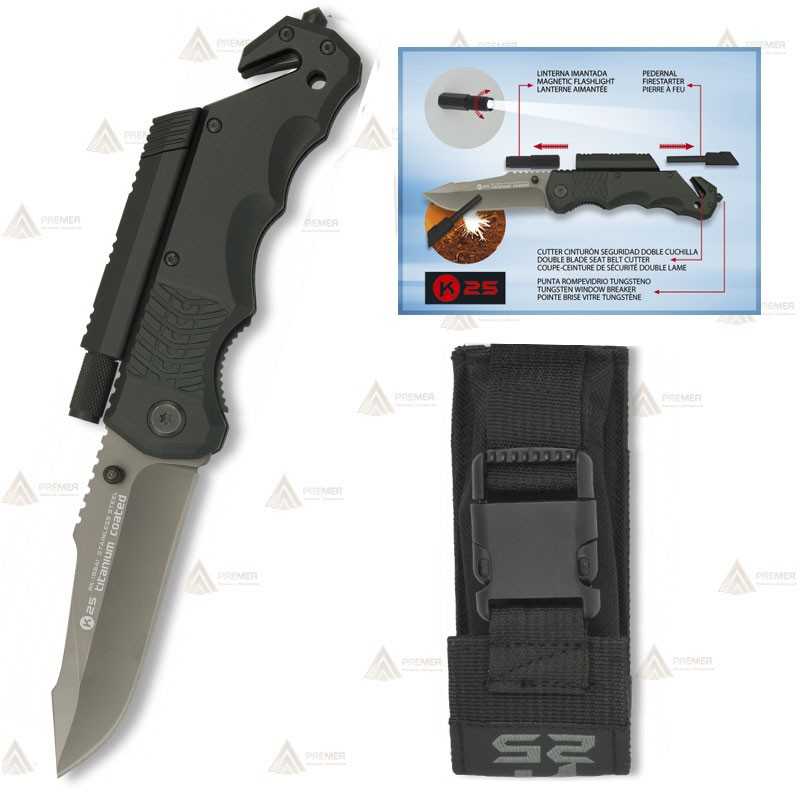 Navaja táctica K25 color Negro con linterna y hoja de 9 cm