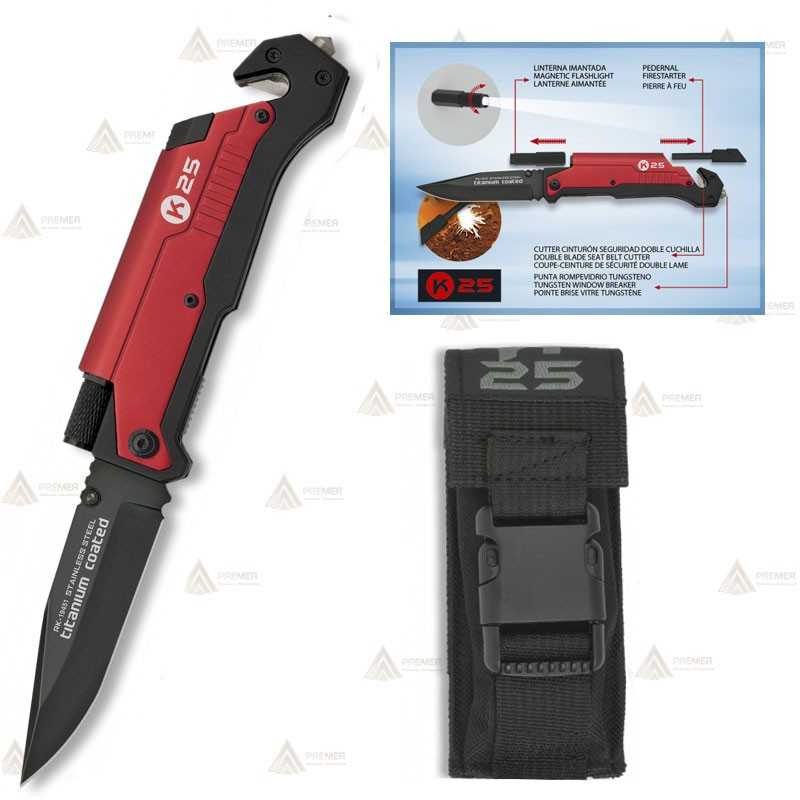 Navaja táctica K25 color Rojo con linterna y hoja de 9,5 cm