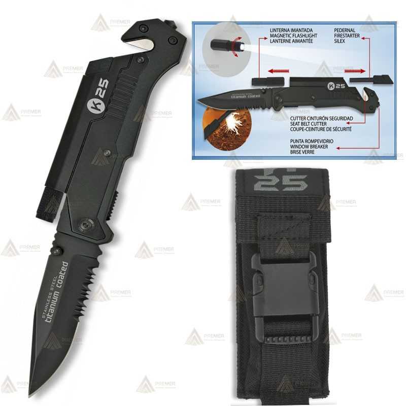 Navaja táctica K25 color Negro con linterna y hoja de 9,5 cm