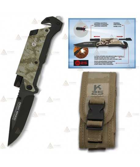 Navaja táctica K25 color Camo con linterna y hoja de 9,5 cm