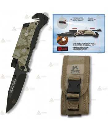 Navaja táctica K25 color Camo con linterna y hoja de 9,5 cm