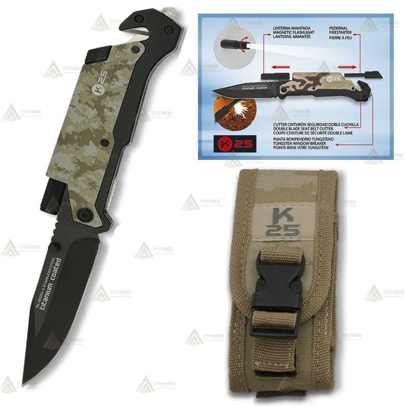 Navaja táctica K25 color Camo con linterna y hoja de 9,5 cm