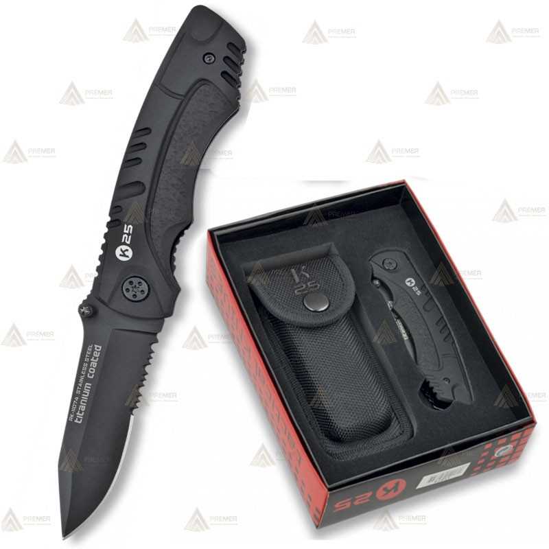 Navaja táctica K25 negra con hoja de acero de 8 cm