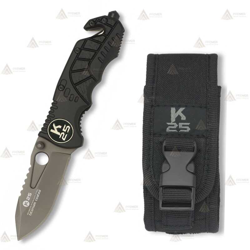 Navaja táctica K25 negra con hoja de acero de 6,7 cm